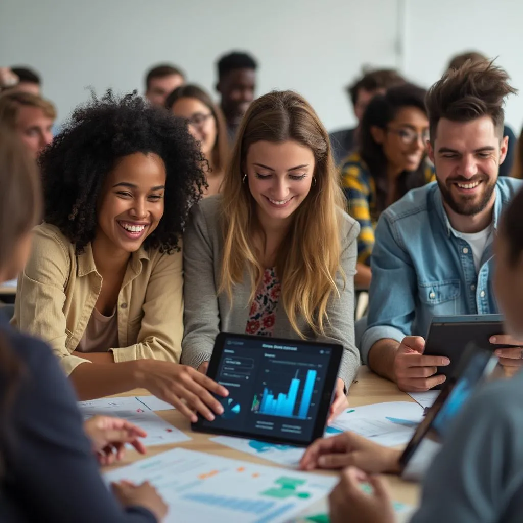 Personnes en atelier financier interactif avec des tablettes IA