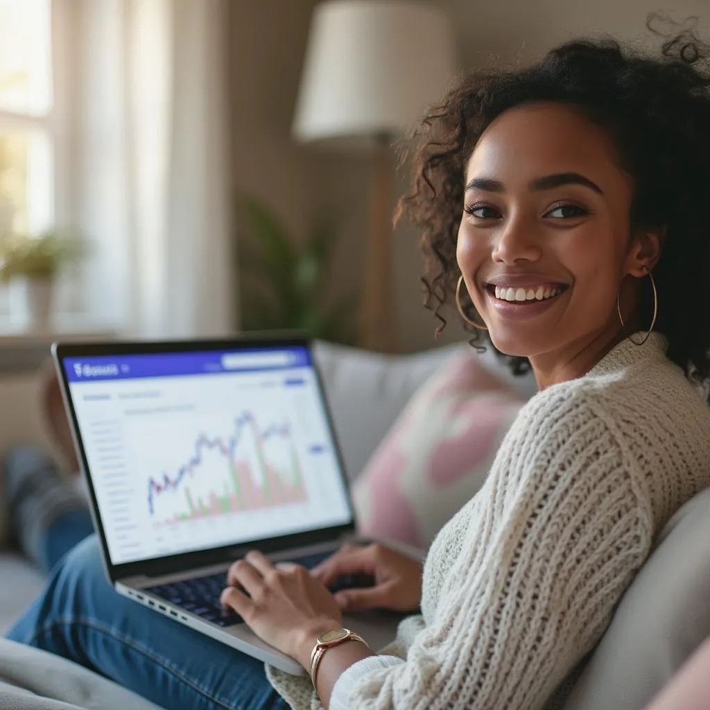 Utilisateur souriant devant son ordinateur portable utilisant la plateforme